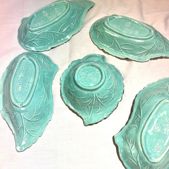 Vintage California Pottery Cabbage Leaf Bowl Set Teal Gold Speckle 5 Piece MCM - Picture 3 of 5